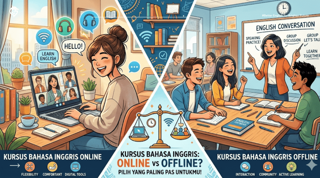 ilustrasi Kursus Bahasa Inggris Online vs Offline