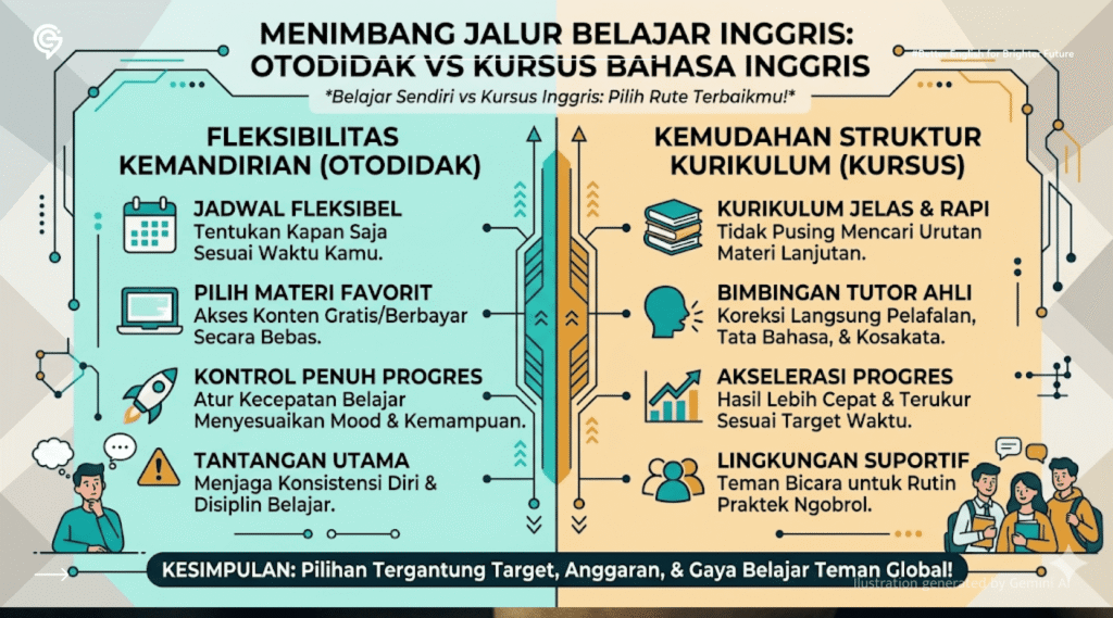 ilustrasi Otodidak vs Kursus Bahasa Inggris